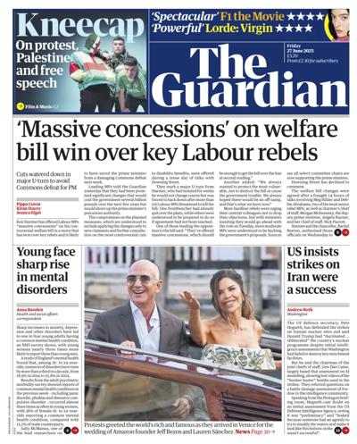 The Guardian Newspaper Front Page (UK) for 27 June 2025