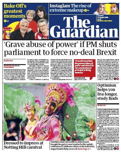 The Guardian Newspaper Front Page (UK) for 27 August 2019