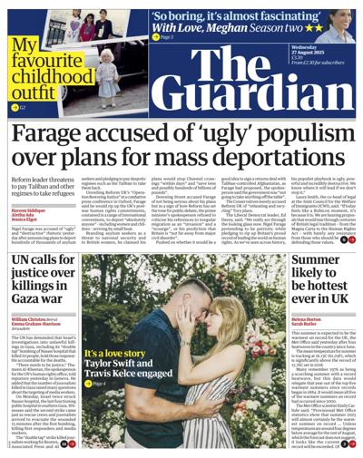 The Guardian Newspaper Front Page (UK) for 27 August 2025