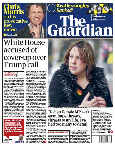 The Guardian Newspaper Front Page (UK) for 27 September 2019