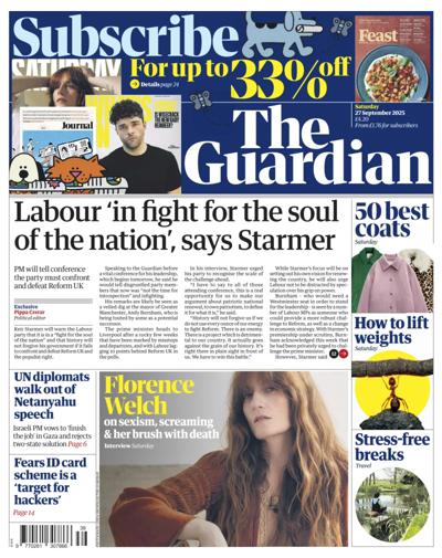 The Guardian Newspaper Front Page (UK) for 27 September 2025