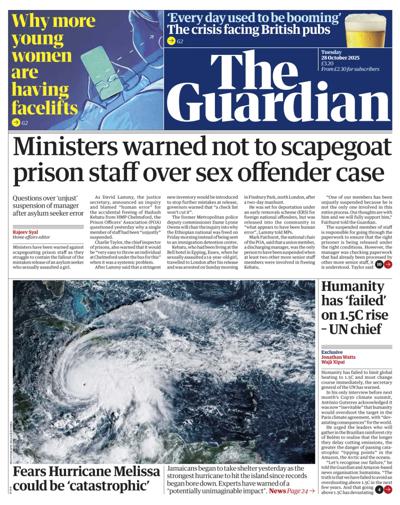 The Guardian Newspaper Front Page (UK) for 28 October 2025