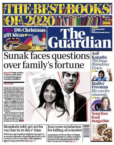 The Guardian Newspaper Front Page (UK) for 28 November 2020