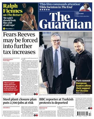The Guardian Newspaper Front Page (UK) for 28 March 2025