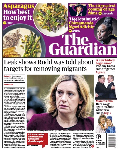 The Guardian Newspaper Front Page (UK) for 28 April 2018