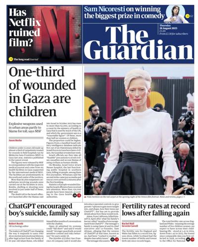 The Guardian Newspaper Front Page (UK) for 28 August 2025