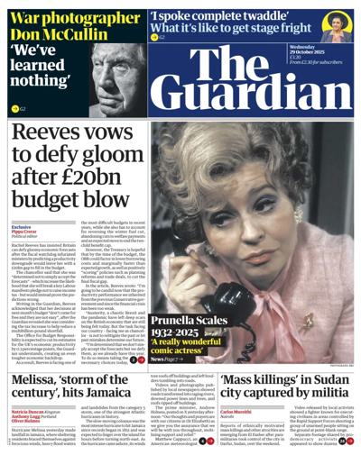 The Guardian Newspaper Front Page (UK) for 29 October 2025