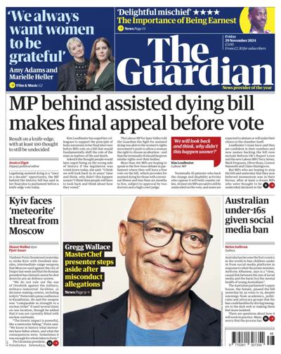 The Guardian Newspaper Front Page (UK) for 29 November 2024