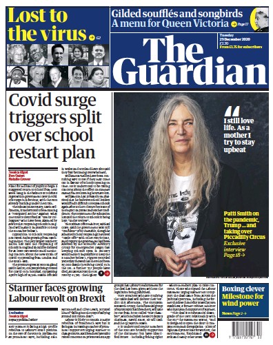 The Guardian Newspaper Front Page (UK) for 29 December 2020