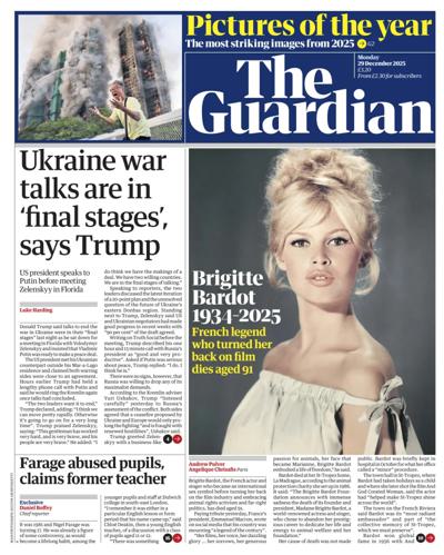 The Guardian Newspaper Front Page (UK) for 29 December 2025