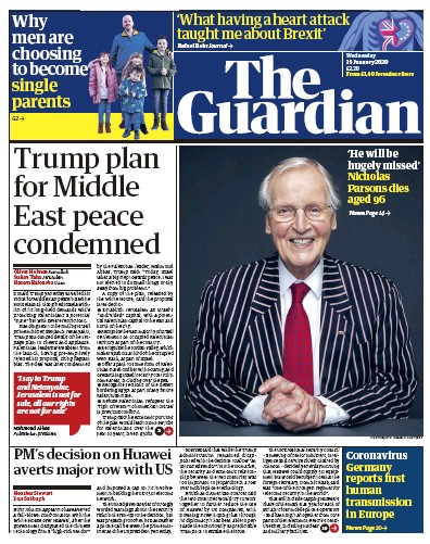 The Guardian Newspaper Front Page (UK) for 29 January 2020