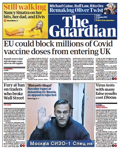 The Guardian Newspaper Front Page (UK) for 29 January 2021