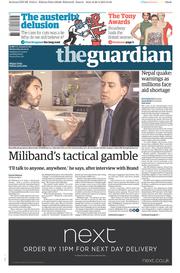 The Guardian (UK) Newspaper Front Page for 29 April 2015