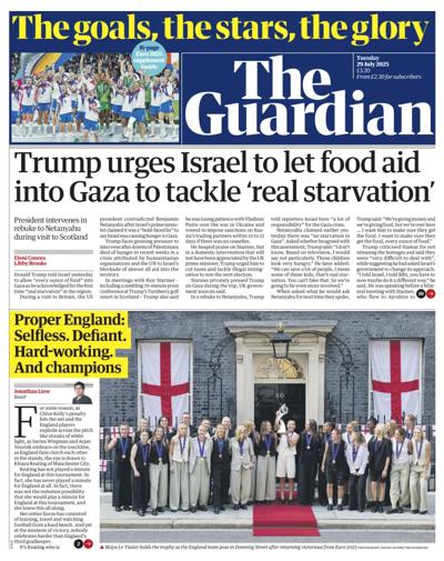 The Guardian Newspaper Front Page (UK) for 29 July 2025