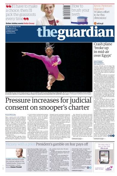 The Guardian Newspaper Front Page (UK) for 2 November 2015