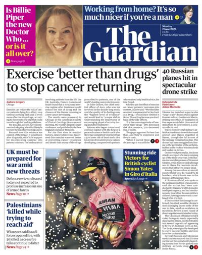 The Guardian Newspaper Front Page (UK) for 2 June 2025