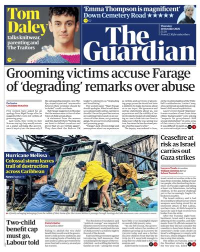 The Guardian Newspaper Front Page (UK) for 30 October 2025