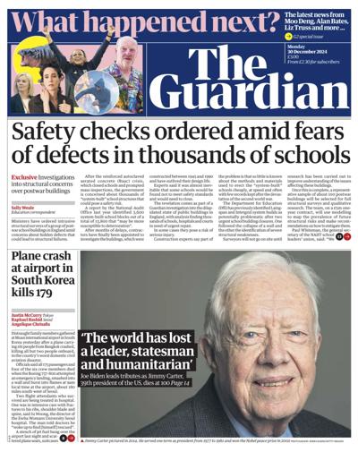 The Guardian Newspaper Front Page (UK) for 30 December 2024