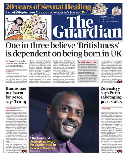The Guardian Newspaper Front Page (UK) for 30 December 2025