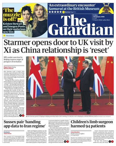 The Guardian Newspaper Front Page (UK) for 30 January 2026