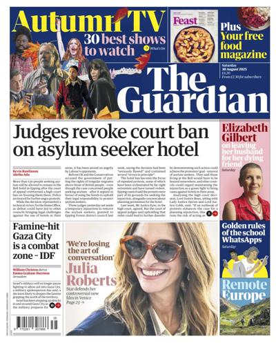 The Guardian Newspaper Front Page (UK) for 30 August 2025