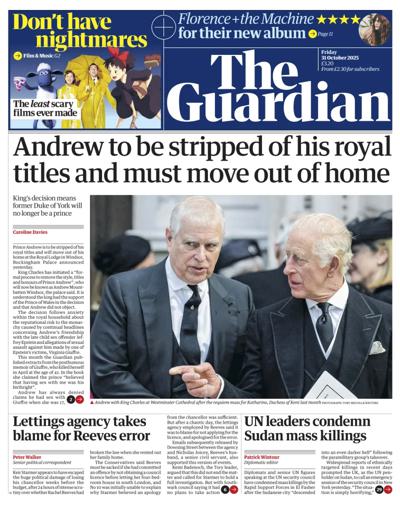 The Guardian Newspaper Front Page (UK) for 31 October 2025