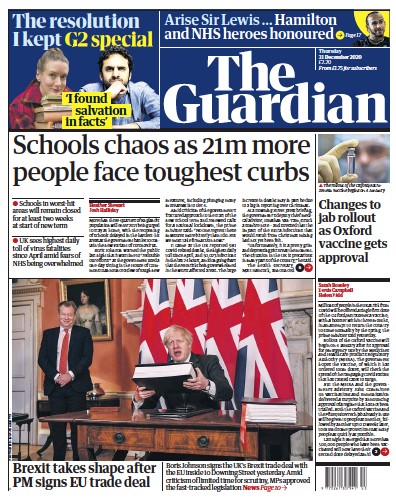 The Guardian Newspaper Front Page (UK) for 31 December 2020