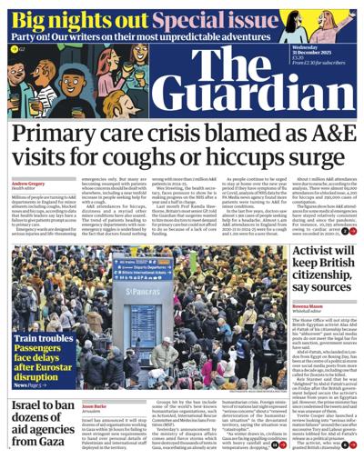 The Guardian Newspaper Front Page (UK) for 31 December 2025