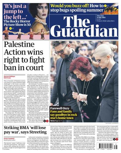 The Guardian Newspaper Front Page (UK) for 31 July 2025