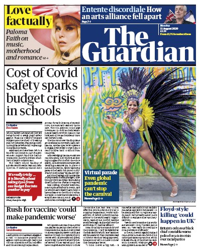 The Guardian Newspaper Front Page (UK) for 31 August 2020