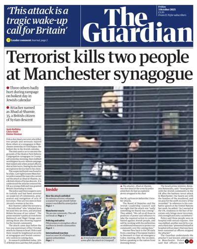 The Guardian Newspaper Front Page (UK) for 3 October 2025