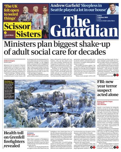 The Guardian Newspaper Front Page (UK) for 3 January 2025