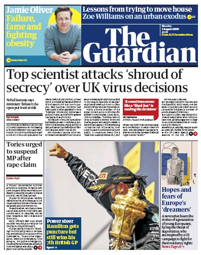 The Guardian Newspaper Front Page (UK) for 3 August 2020