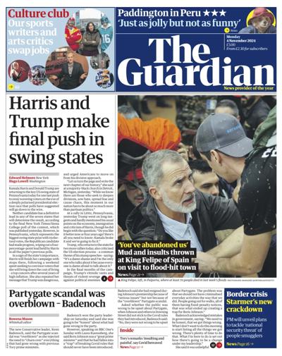 The Guardian Newspaper Front Page (UK) for 4 November 2024