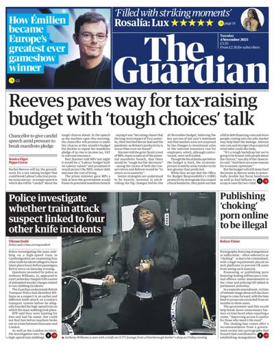 The Guardian Newspaper Front Page (UK) for 4 November 2025