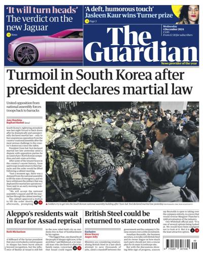 The Guardian Newspaper Front Page (UK) for 4 December 2024