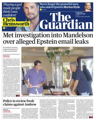 The Guardian Newspaper Front Page (UK) for 4 February 2026