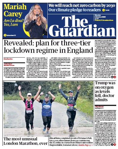 The Guardian Newspaper Front Page (UK) for 5 October 2020