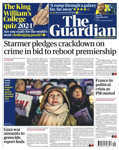 The Guardian Newspaper Front Page (UK) for 5 December 2024