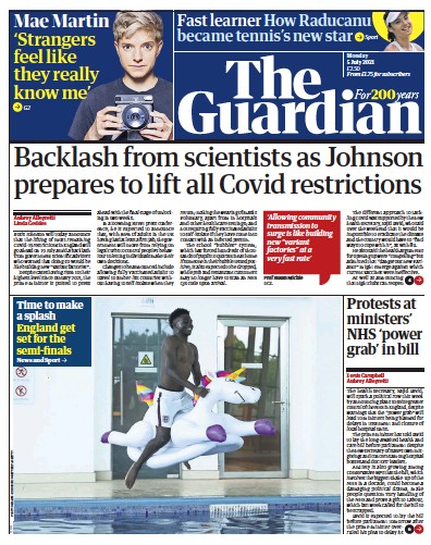 The Guardian Newspaper Front Page (UK) for 5 July 2021