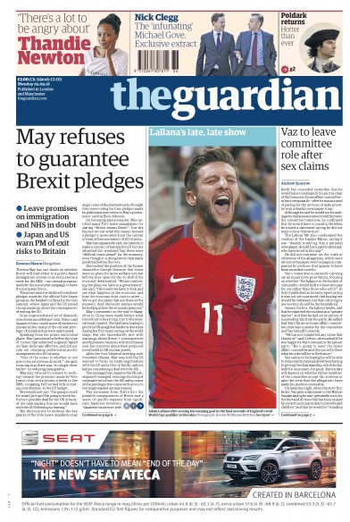 The Guardian Newspaper Front Page (UK) for 5 September 2016