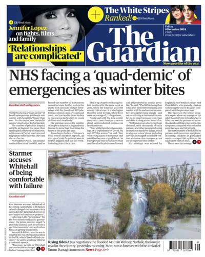 The Guardian Newspaper Front Page (UK) for 6 December 2024