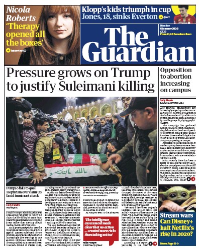 The Guardian Newspaper Front Page (UK) for 6 January 2020