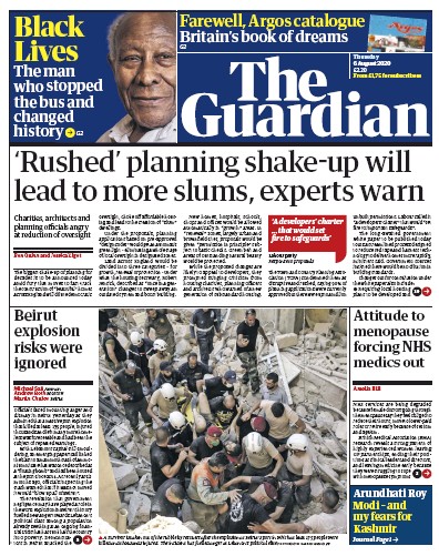 The Guardian Newspaper Front Page (UK) for 6 August 2020