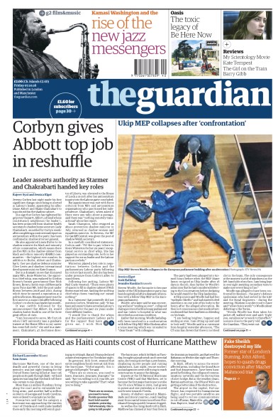 The Guardian Newspaper Front Page (UK) for 7 October 2016