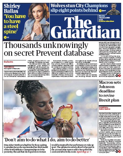 The Guardian Newspaper Front Page (UK) for 7 October 2019