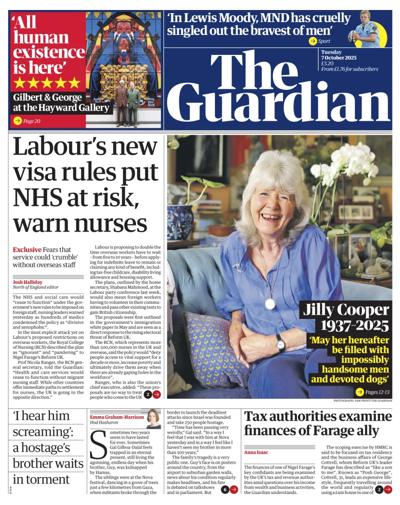 The Guardian Newspaper Front Page (UK) for 7 October 2025