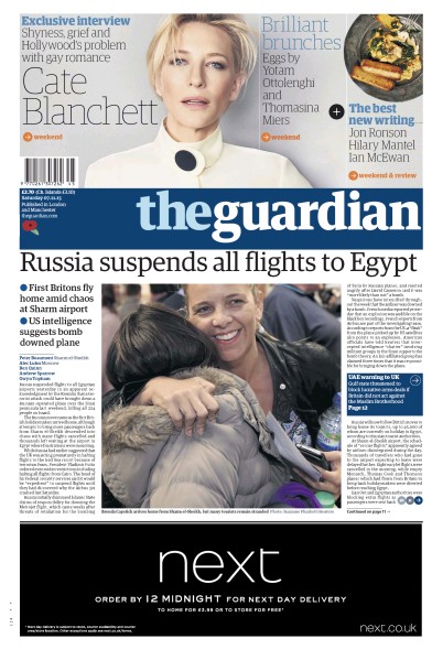 The Guardian Newspaper Front Page (UK) for 7 November 2015