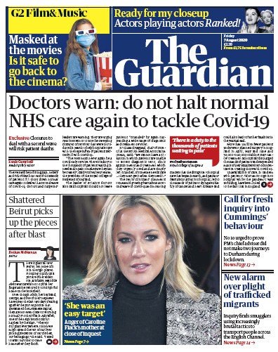 The Guardian Newspaper Front Page (UK) for 7 August 2020