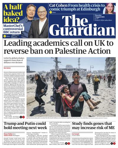 The Guardian Newspaper Front Page (UK) for 7 August 2025